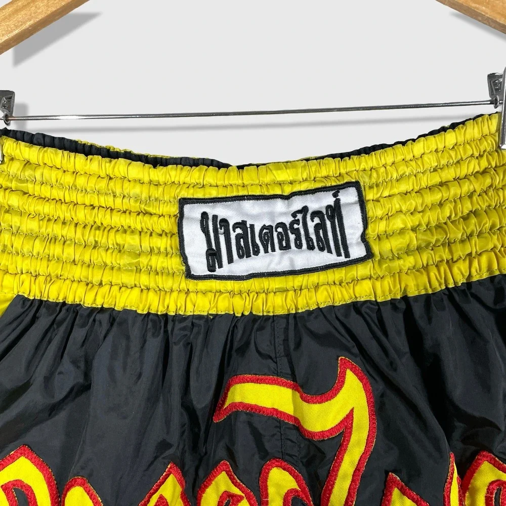 Unbranded Muay Thai Shorts Mens L Black Yellow Thai Boxing Trunks Athleisure